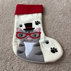Cute Cat Christmas Stocking Red‎ Hat Glasses Paw Prints Holiday Decor